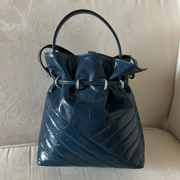 Tory Burch Drawstring Bucket Bag Blue Leather - Picture 2 of 14